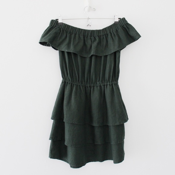 SIR The Label / Revolve Stefi Linen Off Shoulder Ruffle Mini Dress in Dark Olive - Picture 8 of 11